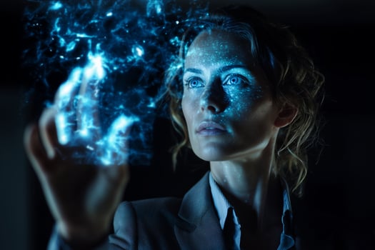 Female scientist interacting with glowing blue energy in a dark laboratory setting photo