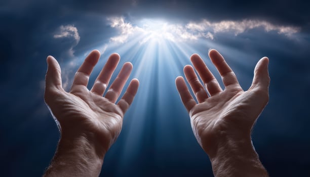 Reaching hands toward the sky spiritual awakening light rays inspirational atmosphere photo