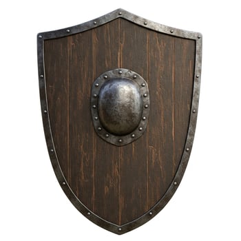 3D illustration of a wooden shield isolated on white photo