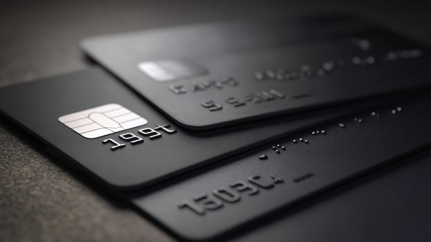 The elegant black credit cards stacked on a textured surface. photo