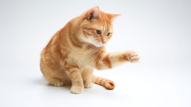 The adorable orange cat reaching out with its paw in playful curiosity. photo