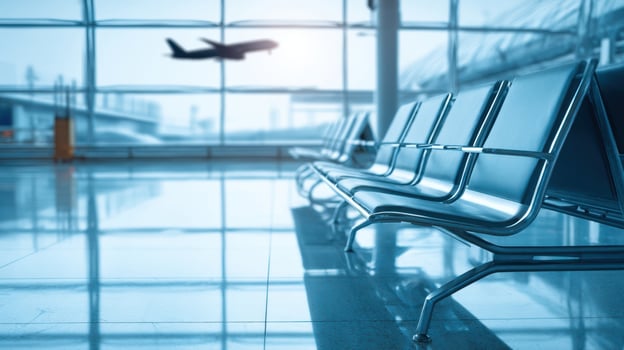 The empty airport seating area with an airplane taking off in the background. photo