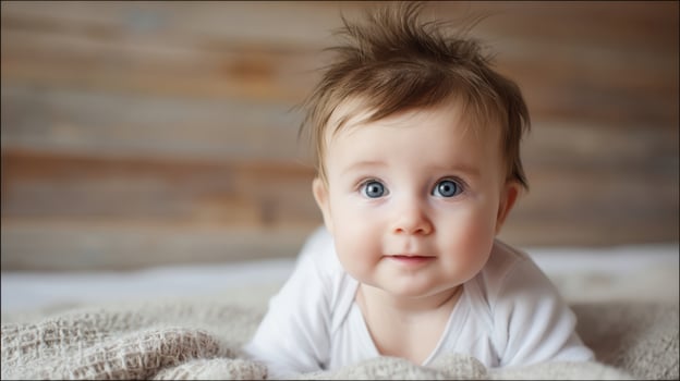 The charming baby with big blue eyes and a joyful expression photo
