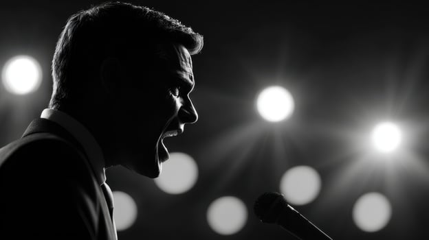 The singer passionately performing under bright stage lights in silhouette. photo
