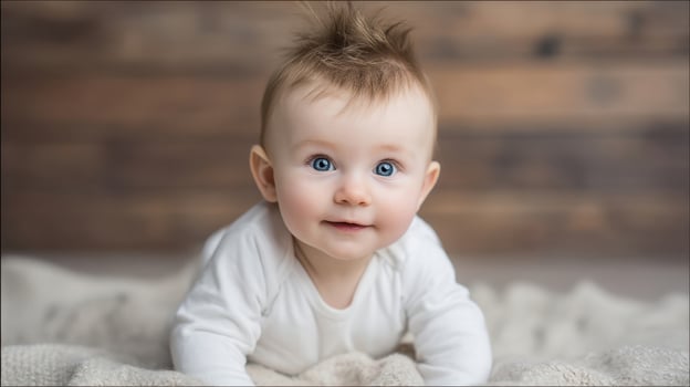 The adorable baby smiling warmly on a cozy blanket in a serene setting. photo