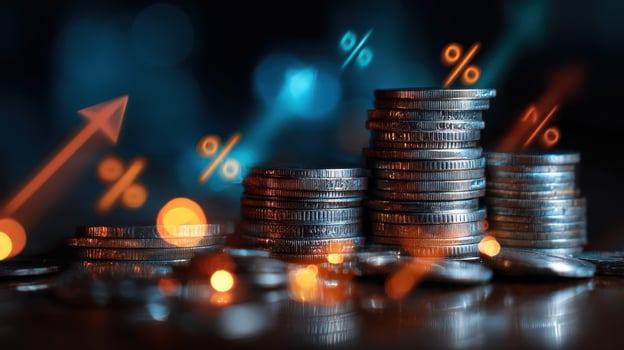 The coins stacked high representing financial growth and investment opportunities. photo