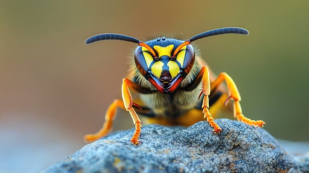 European paper wasp standing on a rock in a close-up portrait photo