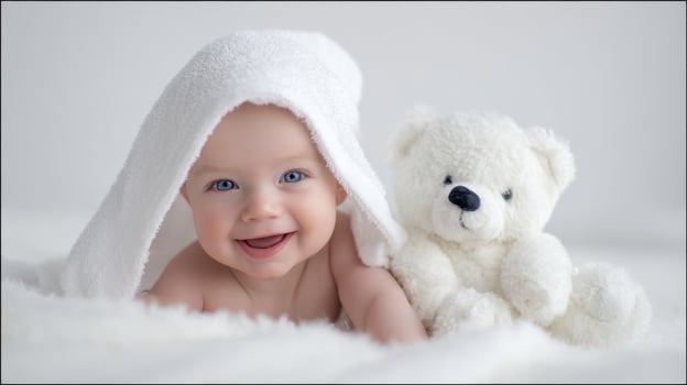 The smiling baby with a teddy bear under a cozy white blanket photo
