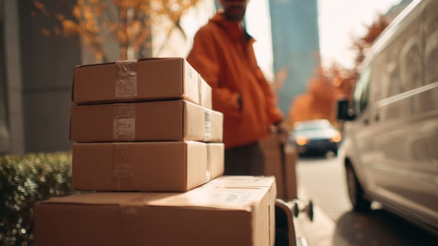 The delivery of packages in an urban autumn setting with a courier. photo