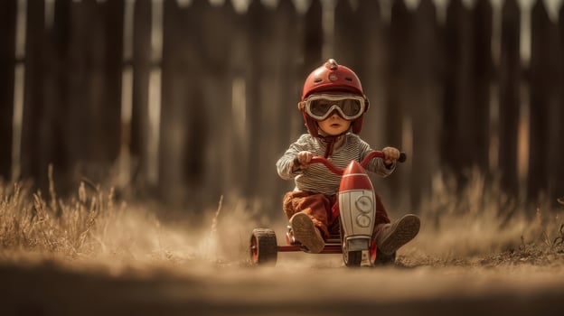The adventurous child riding a vintage toy tricycle in a sunny outdoor setting. photo