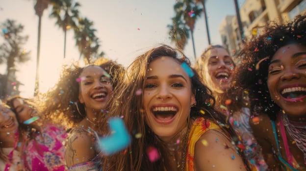 The joyful celebration of friendship among diverse women in vibrant sunshine. photo