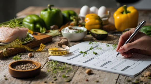 The organized kitchen workspace for meal planning and healthy cooking. photo