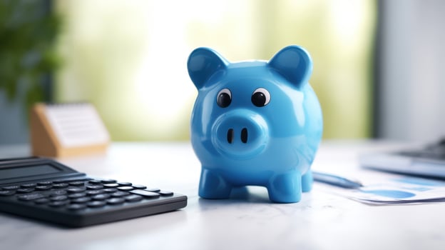 The blue piggy bank represents savings and financial planning in a serene workspace. photo
