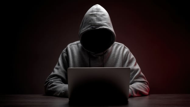 The hooded figure working secretly on a laptop in a dark environment. photo