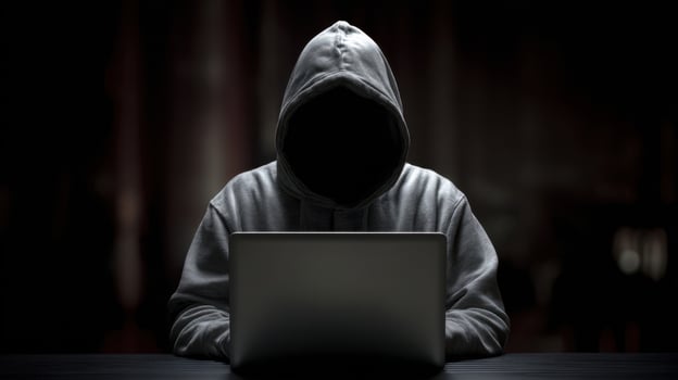 The hooded figure immersed in the glow of a laptop screen in darkness. photo