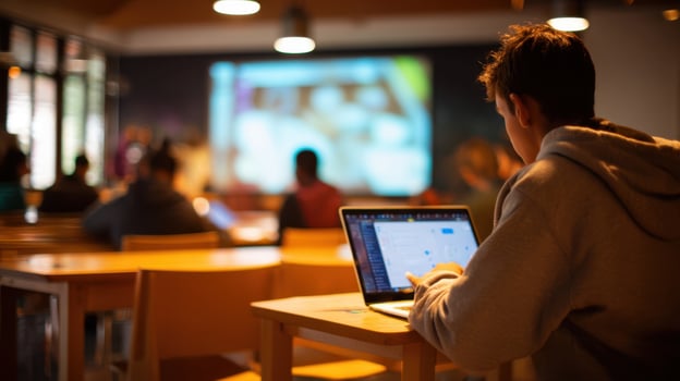 The student engaging with technology during an informative classroom presentation. photo