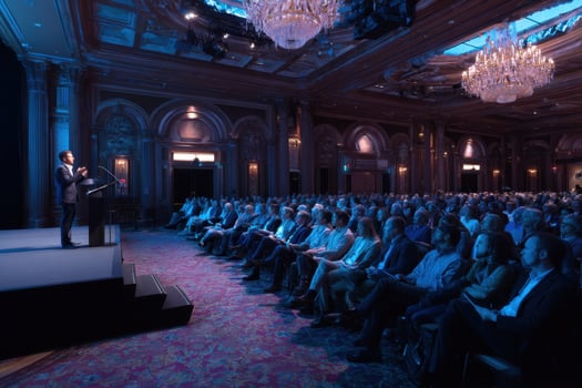 Illuminating Ideas A Large Auditorium Filled with People Listening to Speaker photo