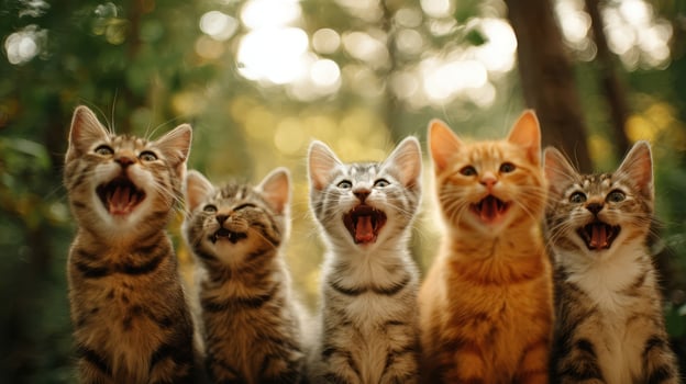The group of playful kittens joyfully meowing in a sunny forest setting. photo