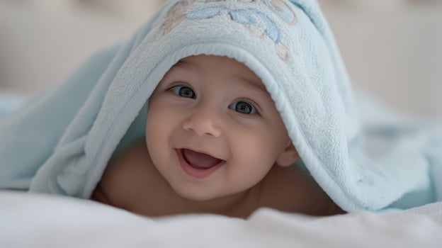 The joyful baby wrapped in a soft blue blanket smiling widely. photo