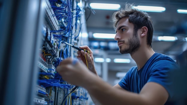 The technician working diligently on a complex network cable system. photo