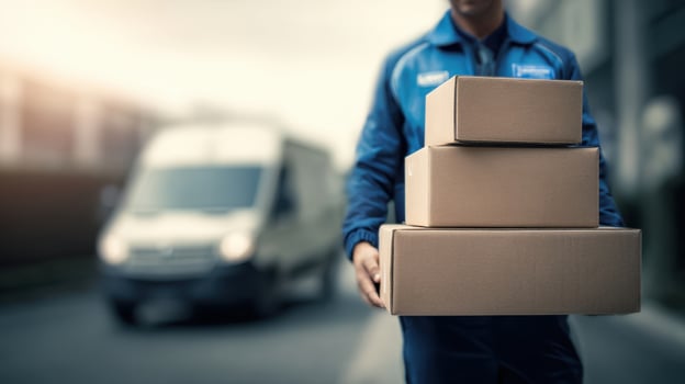 The delivery person carrying stacked packages near a delivery van on the street. photo