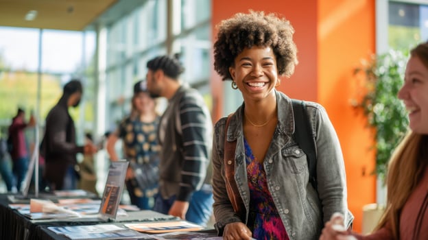 The smiling woman engaging at a vibrant networking event with attendees. photo