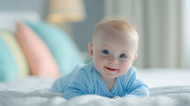 The adorable baby with captivating blue eyes smiling on a cozy bed photo