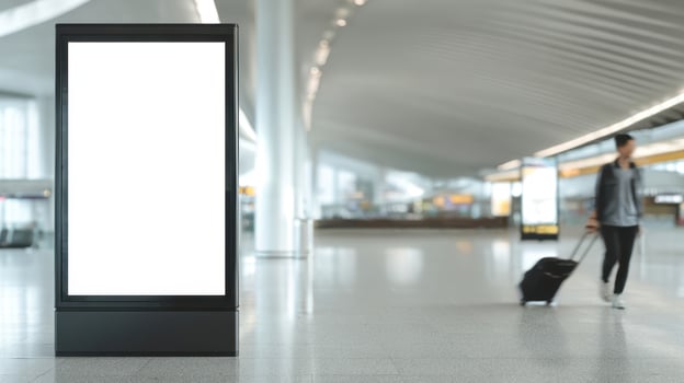The blank advertising billboard at a modern airport terminal with traveler. photo