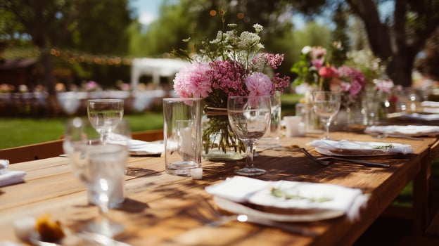 Beautiful outdoor dining setup with floral arrangements at a garden event during sunny weather photo