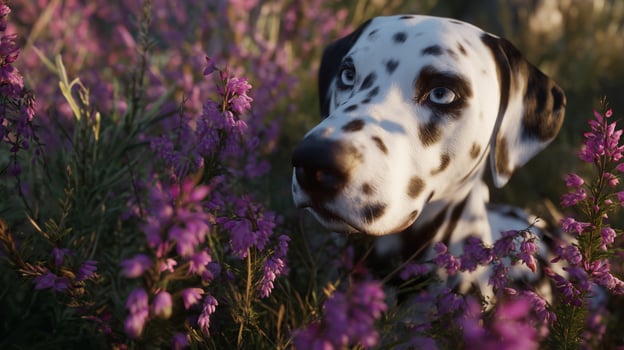 Dalmatian dog relaxing among vibrant wildflowers during golden hour in a serene natural landscape photo