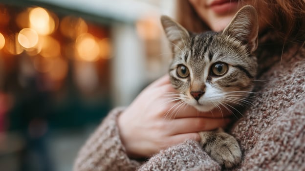 Woman holds a tabby cat closely outdoors, enjoying a cozy moment in a warm, inviting atmosphere during the evening photo