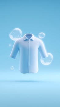White shirt floating in the air surrounded by bubbles against a soft blue background, representing freshness and cleanliness in laundry or clothing care concepts photo