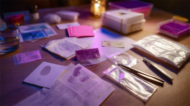 Investigative workspace filled with evidence and materials at night photo