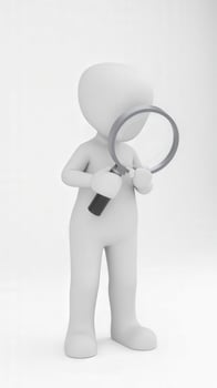 3d character holding magnifying glass investigating something carefully photo