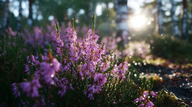 Vibrant purple heather blooms in a serene forest setting during golden hour sunlight photo