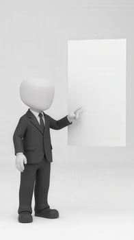 Businessman pointing at blank poster hanging on a white wall photo