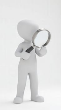 3d character holding magnifying glass exploring and investigating photo