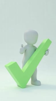 3d character holding green check mark on white background photo