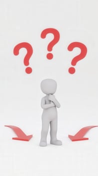 3d character thinking about the right decision with question marks and arrows photo