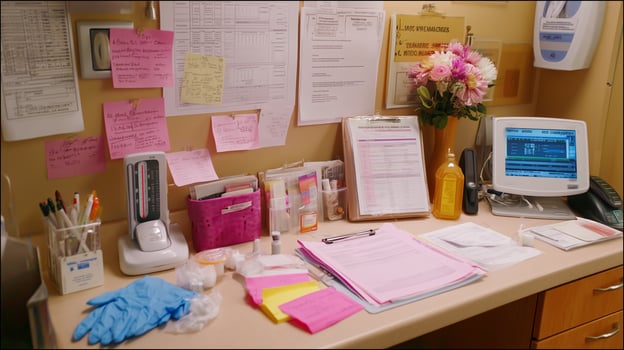 Medical office workspace filled with organized paperwork, supplies, and a computer set up during daytime hours photo