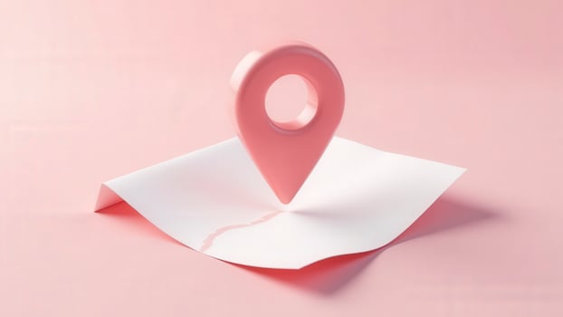 Pink location pin hovering over white folded paper on pink background photo