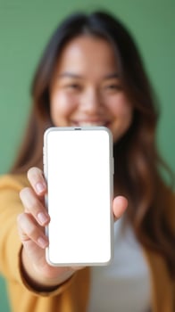 Asian woman holding up a blank white smartphone screen photo