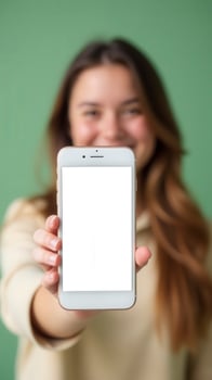 A woman holding up a blank white screen photo