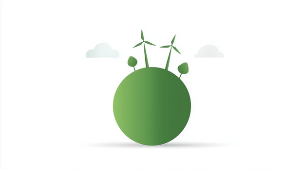Green globe illustration featuring wind turbines and trees, symbolizing renewable energy and environmental sustainability with a clean, modern design and soft cloud accents photo