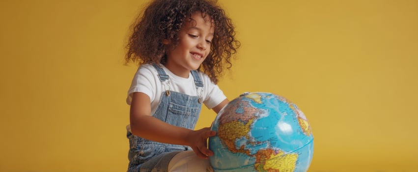 The child joyfully exploring the globe with curiosity and excitement. photo