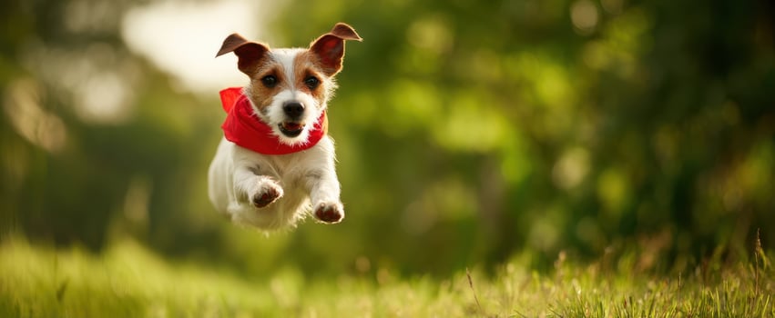 The energetic dog leaping joyfully through a lush green landscape. photo