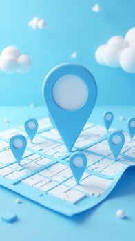 Location pin showing destination on minimalist 3d map with clouds photo