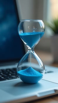 Modern hourglass with blue sand sitting on laptop showing time passing photo
