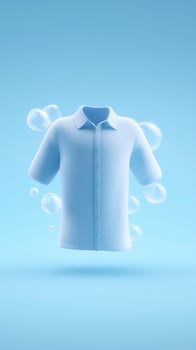 3D illustration of a floating light blue shirt surrounded by bubbles on a soft blue background, showcasing a clean and fresh laundry concept for design purposes photo