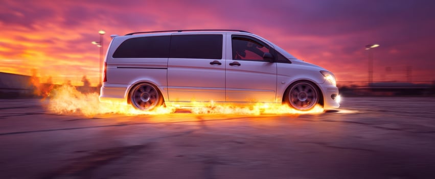 The van leaving fiery trails at sunset, showcasing motion and excitement. photo